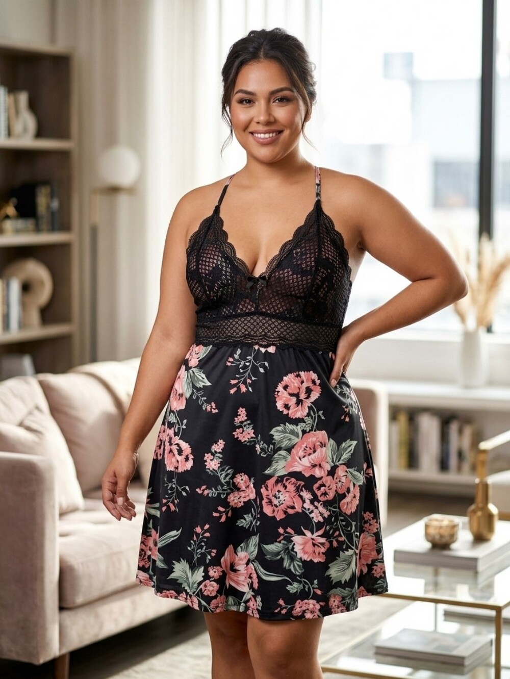 La Vie En Rose Black Chemise with Pink Floral Print